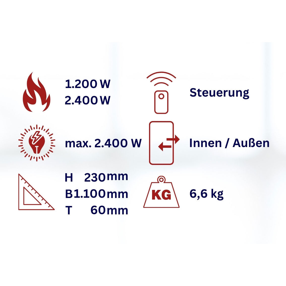 Infrarot Dunkelheizstrahler für Wand und Decke 2.4 kW WDH-180DS Technische Daten